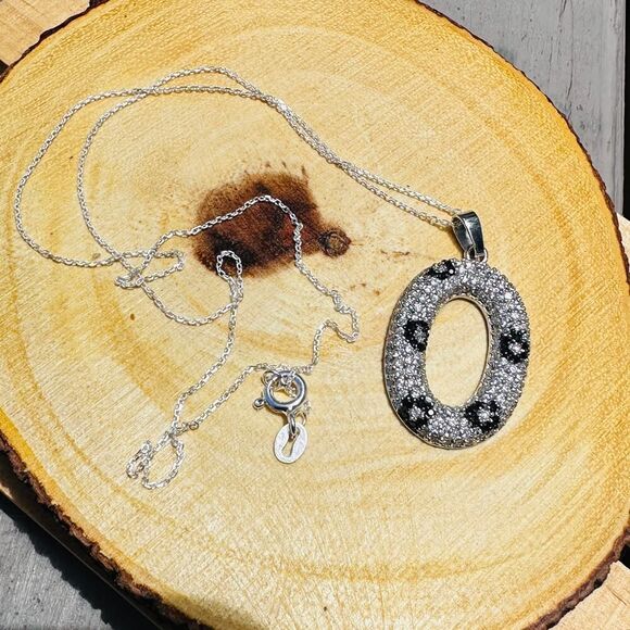 Sterling Silver Micro Pave CZ Oval Pendant Necklace-Black & White Sparkle - Picture 2 of 4